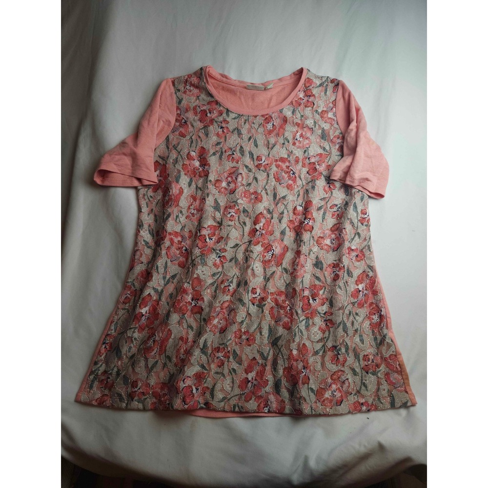 LOGO Lounge Lori Goldstein Coral Pink Floral Lace Overlay Short Sleeve Top XL